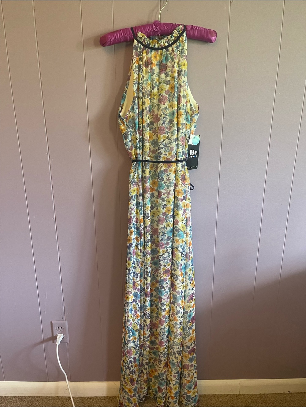 Chetta B Yellow Floral Halter Maxi Dress with Multicolor Print